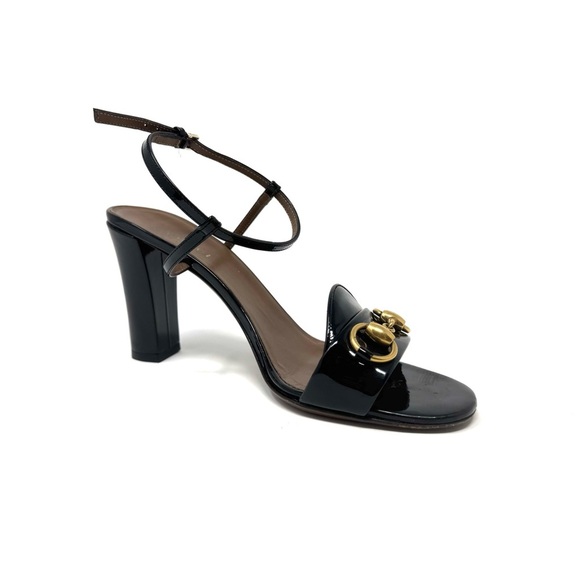 Gucci Horsebit Black Patent Leather Platform Sandals – Ankle Strap Peep Toe 7.5 - Picture 1 of 11